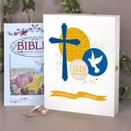 Biblia w drewnianym pudełku - symbole wiary