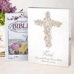 Biblia w drewnianym pudełku - Pamiatka Pierwszej Komunii Św - Krzyż