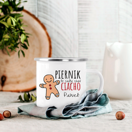 Biały kubek metalowy z kolorowym nadrukiem - Piernik to... Ciacho