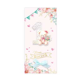 Kartka na ROCZEK różowa z misiem