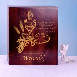 Drewniane pudełko prezentowe - Pamiątka Pierwszej Komunii Św - Kielich