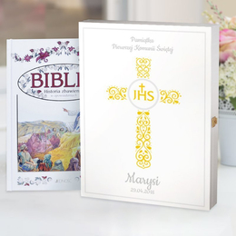 Biblia w drewnianym pudełku - krzyż z hostią IHS