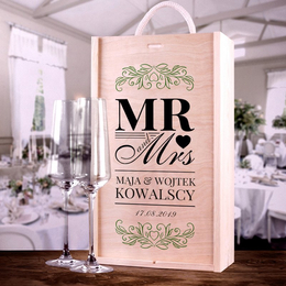 Zestaw ślubny: pudełko z dwoma kieliszkami do szampana - Mr & Mrs