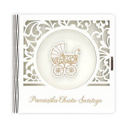 Pamiątka w eleganckim drewnianym pudełku z okazji Chrztu Świętego - Wózek