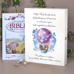 Biblia w drewnianym pudełku na Komunię / Chrzest Święty ,, Zoo,,