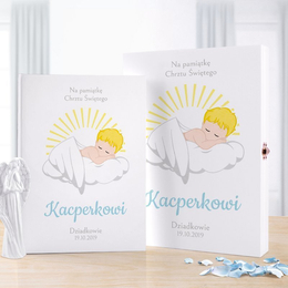 Biblia w pudełku drewaninym dla chłopca - Pamiątka Chrztu Św. - Aniołek