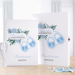 Biblia w pudełku drewaninym dla chłopca - Pamiątka Chrztu Św. - Kwiaty