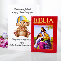 Biblia w drewnianym pudełku  na Chrzest Święty ,,Miś,, dla chłopca