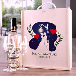 Zestaw pudełko z kieliszkami i miejscem na wino z okazji ślubu