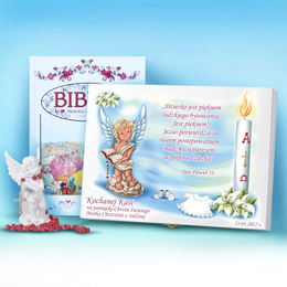 Biblia w drewnianym pudełku- Pamiątka Chrztu