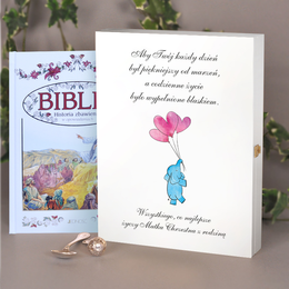Biblia w drewnianym pudełku  na Komunię / Chrzest Święty  ,,Słonik,,