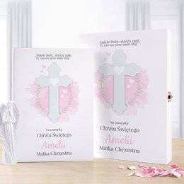 Biblia w pudełku drewaninym dla dziewczynki - Pamiątka Chrztu Św. - Krzyż