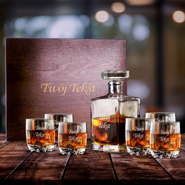 Zestaw w drewnianym pudełku z karafką i 6 szklankami - Twój tekst