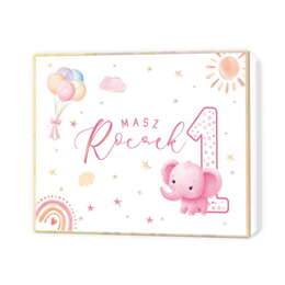 Pudełko prezentowe na roczek z kartką z życzeniami- Różowy Słonik