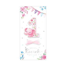 Kartka na ROCZEK z różowym słonikiem