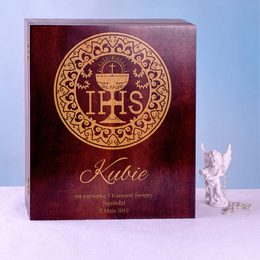 Drewniane pudełko prezentowe - Pamiątka Pierwszej Komunii Św - Hostia