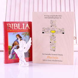 Biblia w drewnianym pudełku- Pamiątka I Komunii Świętej