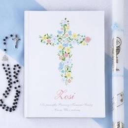 Biblia- Pamiątka I Komunii Świętej/Chrztu Świętego -Krzyż z kwiatów