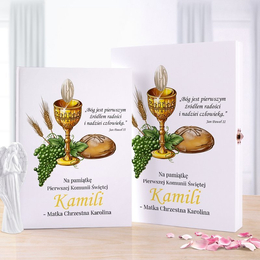 Biblia w pudełku drewnianym - Pamiątka I Komunii Św. - kielich