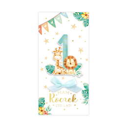 Kartka na ROCZEK z żyrafą i lwem