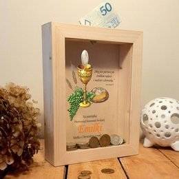 Drewniana skarbonka z szybką - Pamiątka I Komunii Świętej - Kielich