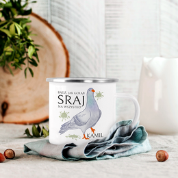 Biały kubek metalowy z kolorowym nadrukiem - Bądź jak gołąb...