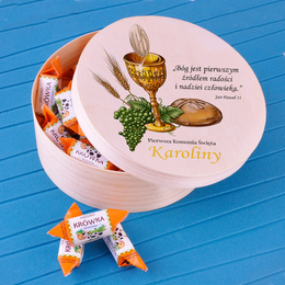 Drewniane pudełko z krówkami - Pamiątka Pierwszej Komunii Świętej - Kielich