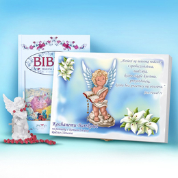 Biblia w drewnianym pudełku- Pamiątka I Komunii Świętej