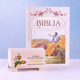 Zestaw prezentowy na Pierwszą Komunię Świętą - Biblia + Skarbonka.