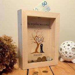 Drewniana skarbonka z szybką - Na Ślub- drzewko szczęcia