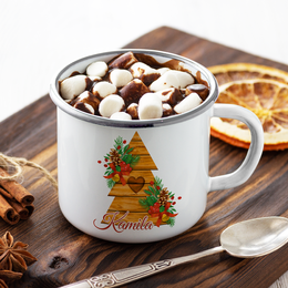 Biały kubek metalowy z kolorowym nadrukiem - Choinka