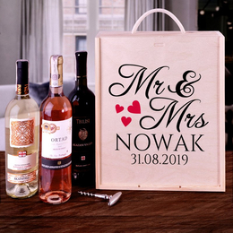 Pudełko na trzy wina dla pary - Mr & Mrs