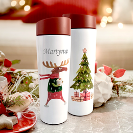 Kubek termiczny 340ml biały Renifer z TWOIM IMIENIEM