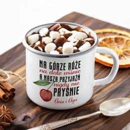 Biały kubek metalowy z kolorowym nadrukiem - PRZYJAŹŃ