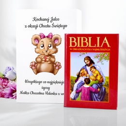 Biblia w drewnianym pudełku  na Chrzest Święty ,,Miś,, dla dziewczynki