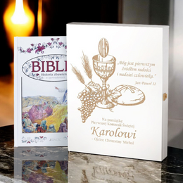 Biblia w drewnianym pudełku - Pamiatka Pierwszej Komunii Św - Kielich