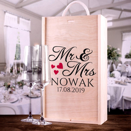 Zestaw ślubny: pudełko z dwoma kieliszkami do szampana - Mr&Mrs