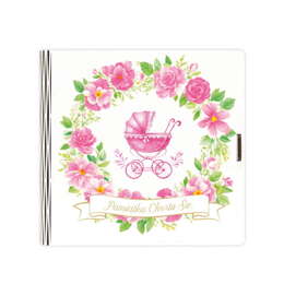 Pamiątka w eleganckim drewnianym pudełku z okazji Chrztu Świętego - Różowy Wózek