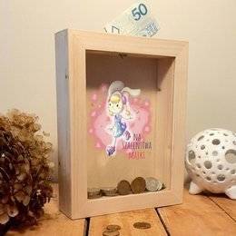 Drewniana skarbonka z szybką - Na szaleństwa... + imię
