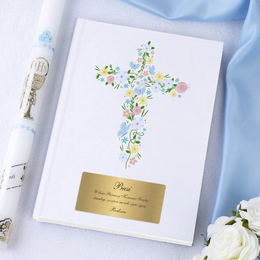 Biblia- Pamiątka I Komunii Świętej/Chrztu Świętego - Krzyż z kwiatów z dedykacją