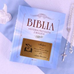 Biblia - Pamiatka I Komunii Świętej - z gołębiem na tle otwartej księgi