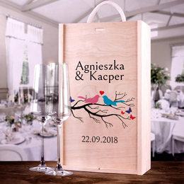 Zestaw ślubny: pudełko z dwoma kieliszkami do szampana - ptaszki