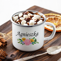 Biały kubek metalowy z kolorowym nadrukiem - Kwiaty + imię