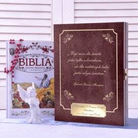 Biblia w drewnianym pudełku- Pamiątka Chrztu lub I Komunii Świętej