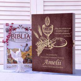 Biblia w drewnianym pudełku - Pamiatka Pierwszej Komunii Św - Kielich