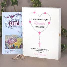 Biblia w drewnianym pudełku - różaniec różowy